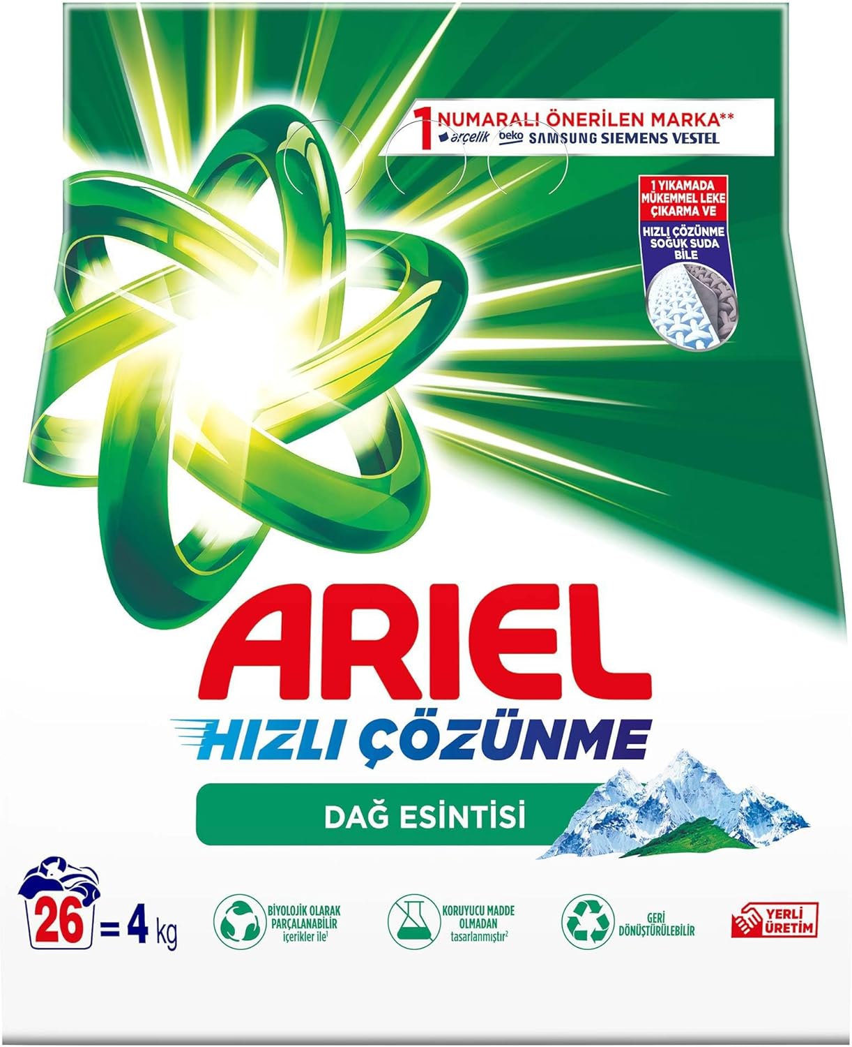 ARIEL Toz Çamaşır Deterjanı Dağ Esintisi Beyazlar İçin, 4 kg
