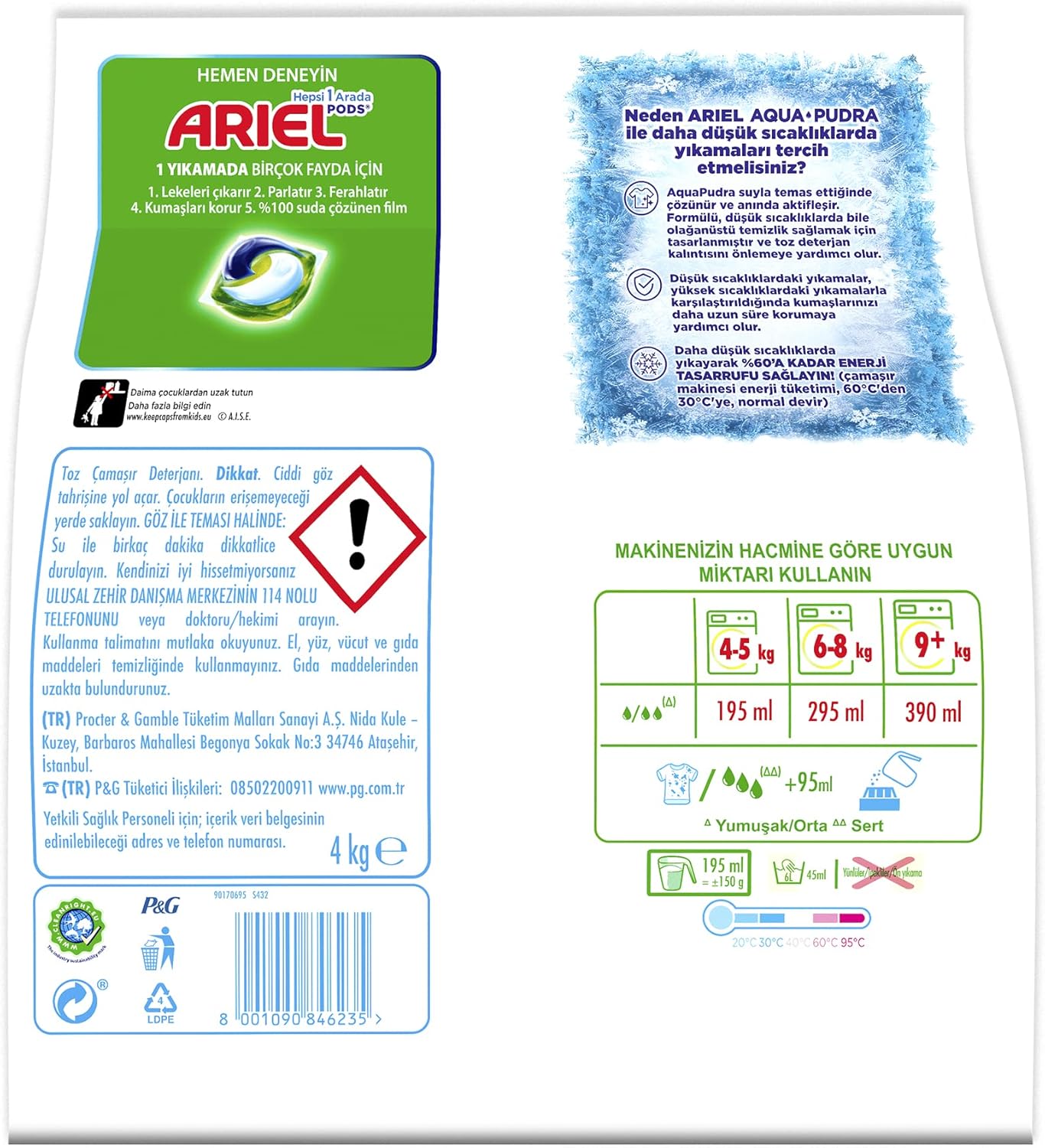 ARIEL Toz Çamaşır Deterjanı Dağ Esintisi Beyazlar İçin, 4 kg