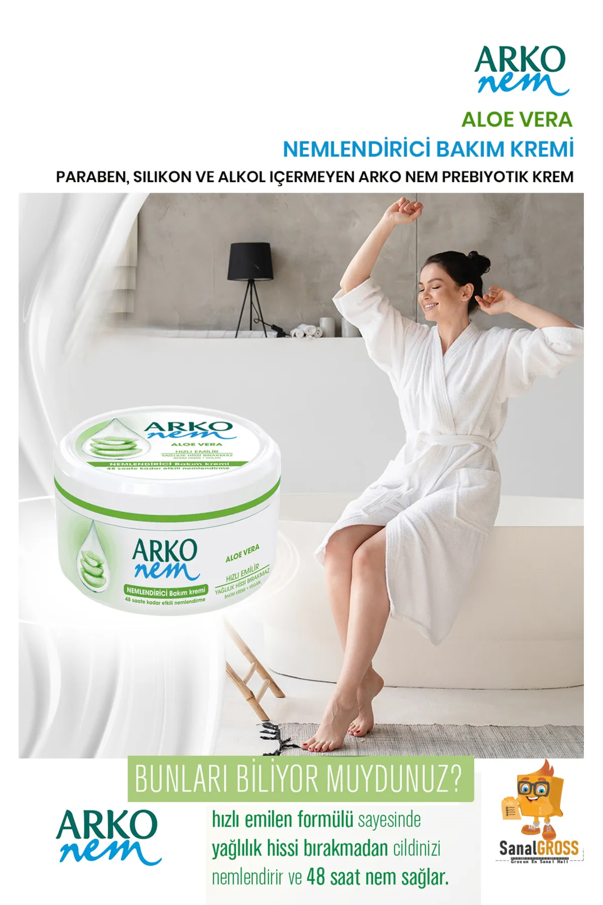 Arko Nem, Aloe Vera, Değerli Yağlar, Nemlendirici El ve Vücut Bakım Kremi - 300 ml