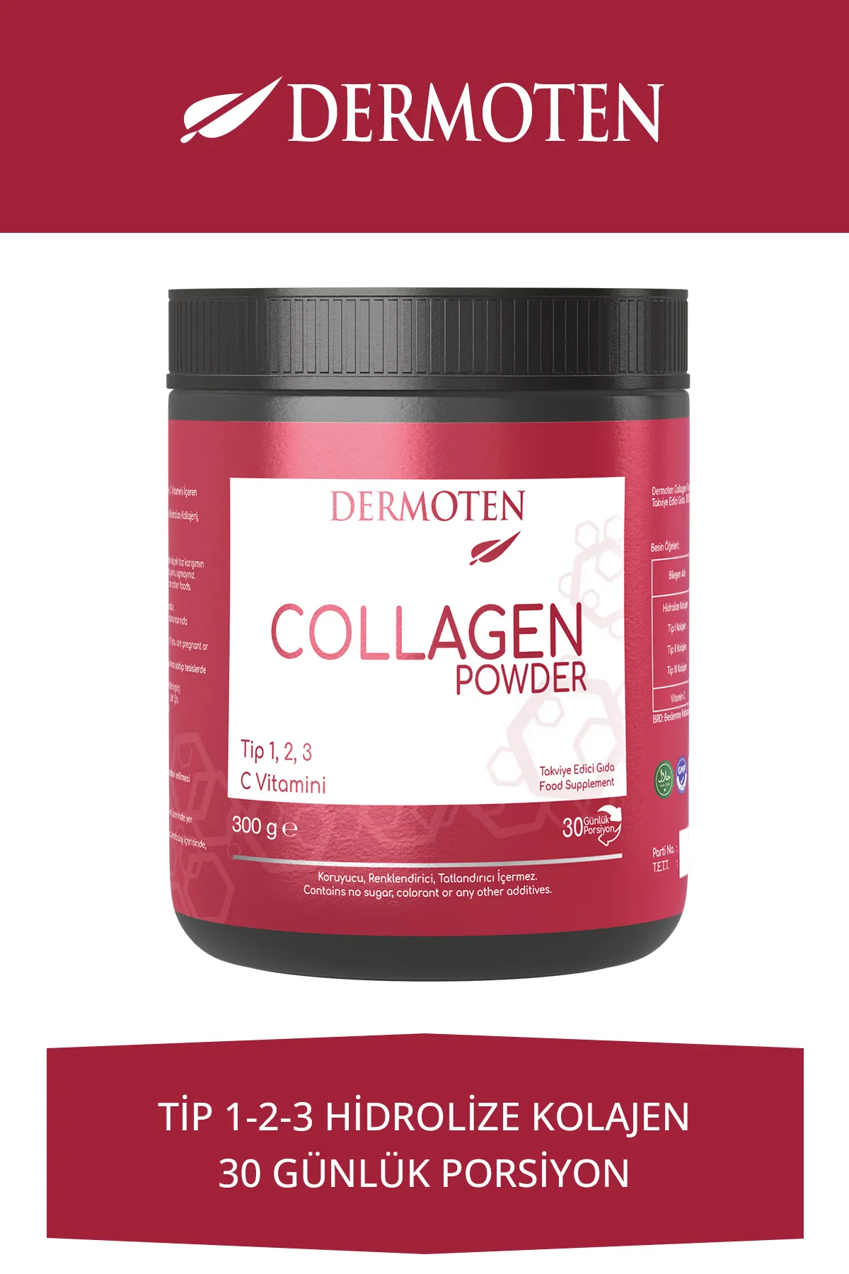Dermoten, Kolajen Plus Powder, Toz Kolajen - 300 Gr  (Tip 1 - Tip 2 - Tip 3 - C Vitaminli, 30 X 10.000 Mg)