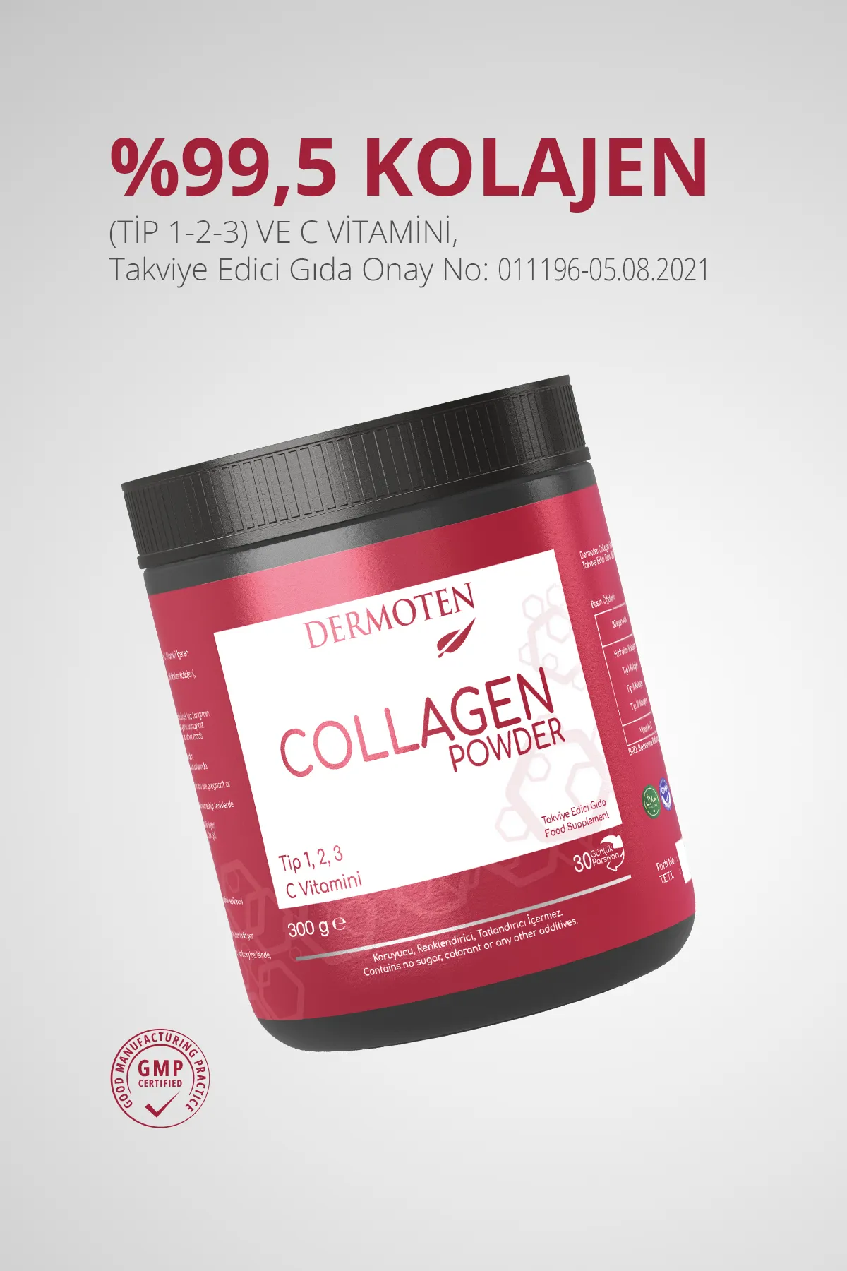 Dermoten, Kolajen Plus Powder, Toz Kolajen - 300 Gr  (Tip 1 - Tip 2 - Tip 3 - C Vitaminli, 30 X 10.000 Mg)