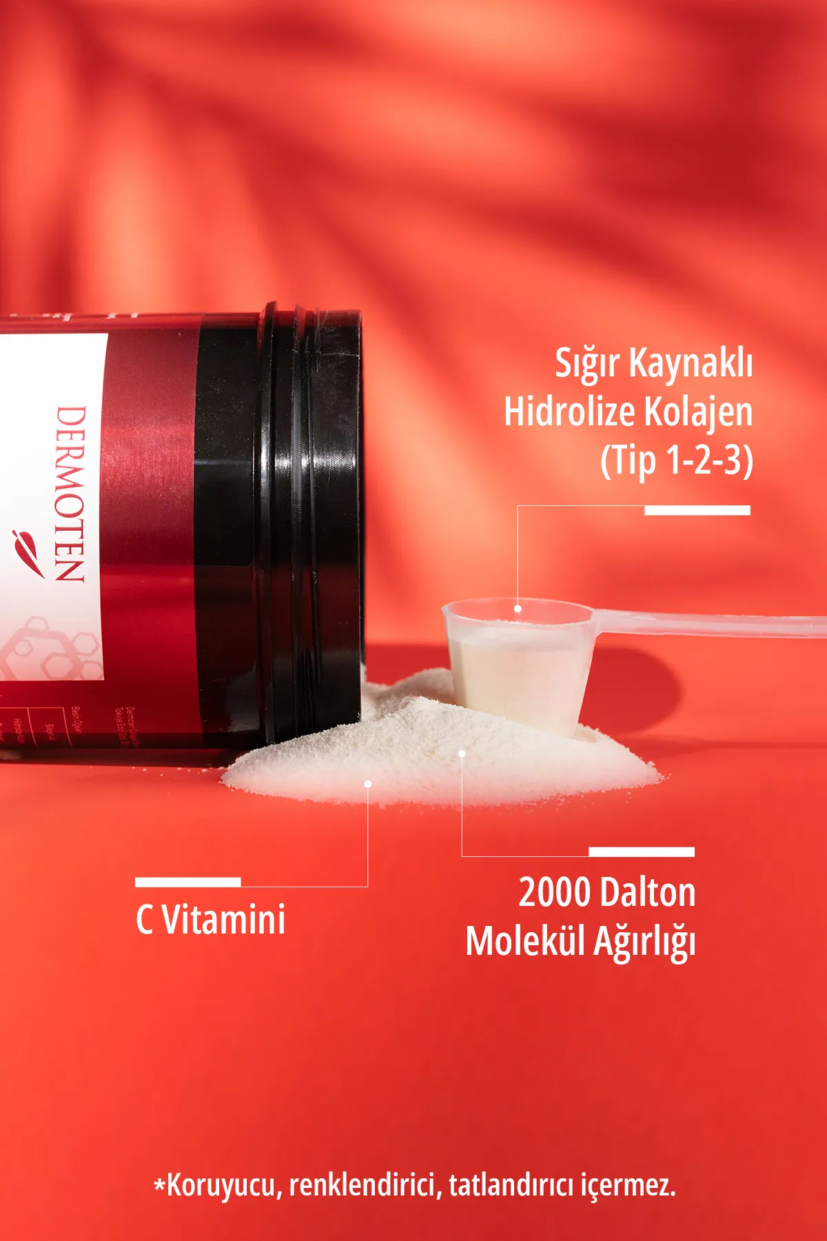 Dermoten, Kolajen Plus Powder, Toz Kolajen - 300 Gr  (Tip 1 - Tip 2 - Tip 3 - C Vitaminli, 30 X 10.000 Mg)