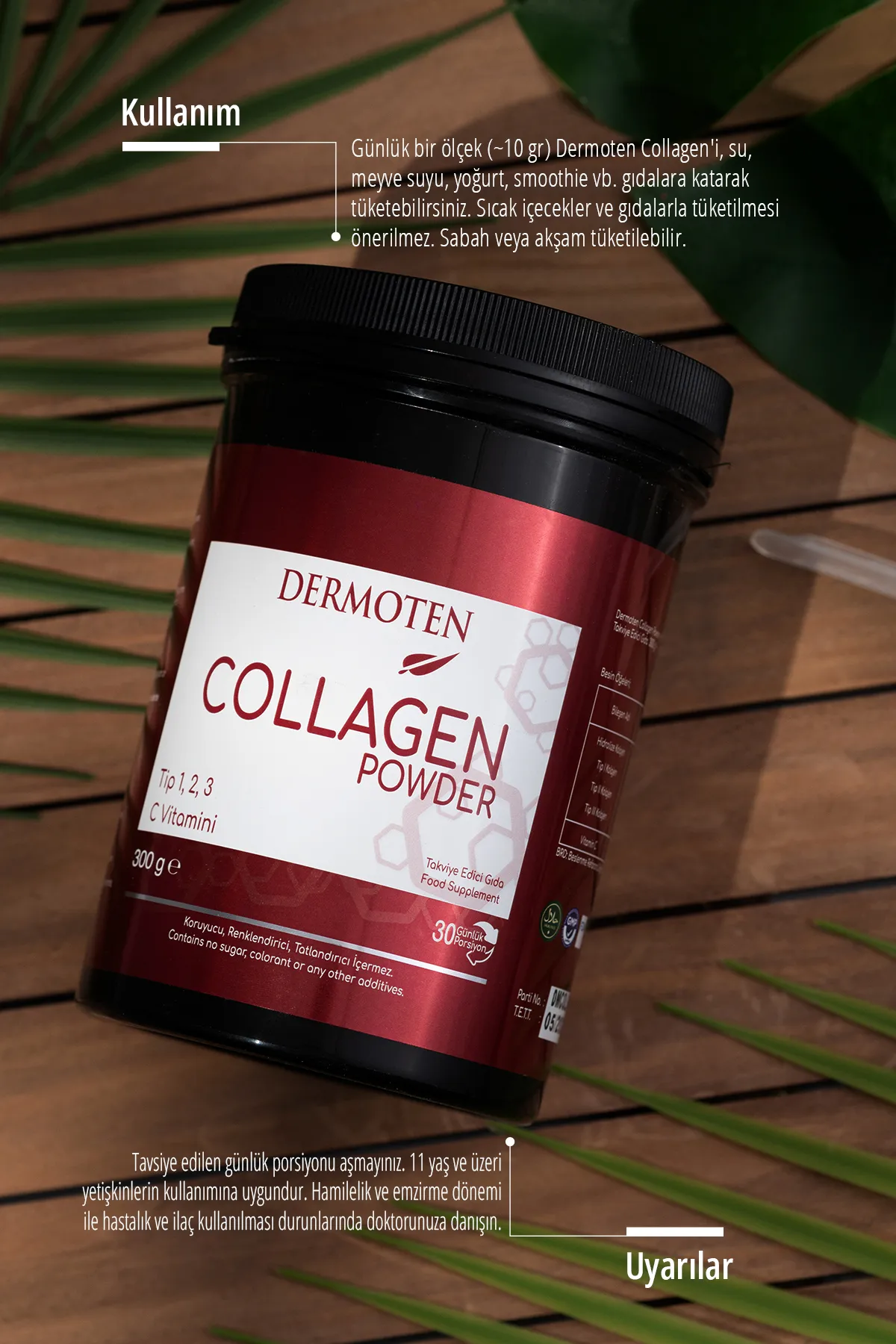 Dermoten, Kolajen Plus Powder, Toz Kolajen - 300 Gr  (Tip 1 - Tip 2 - Tip 3 - C Vitaminli, 30 X 10.000 Mg)