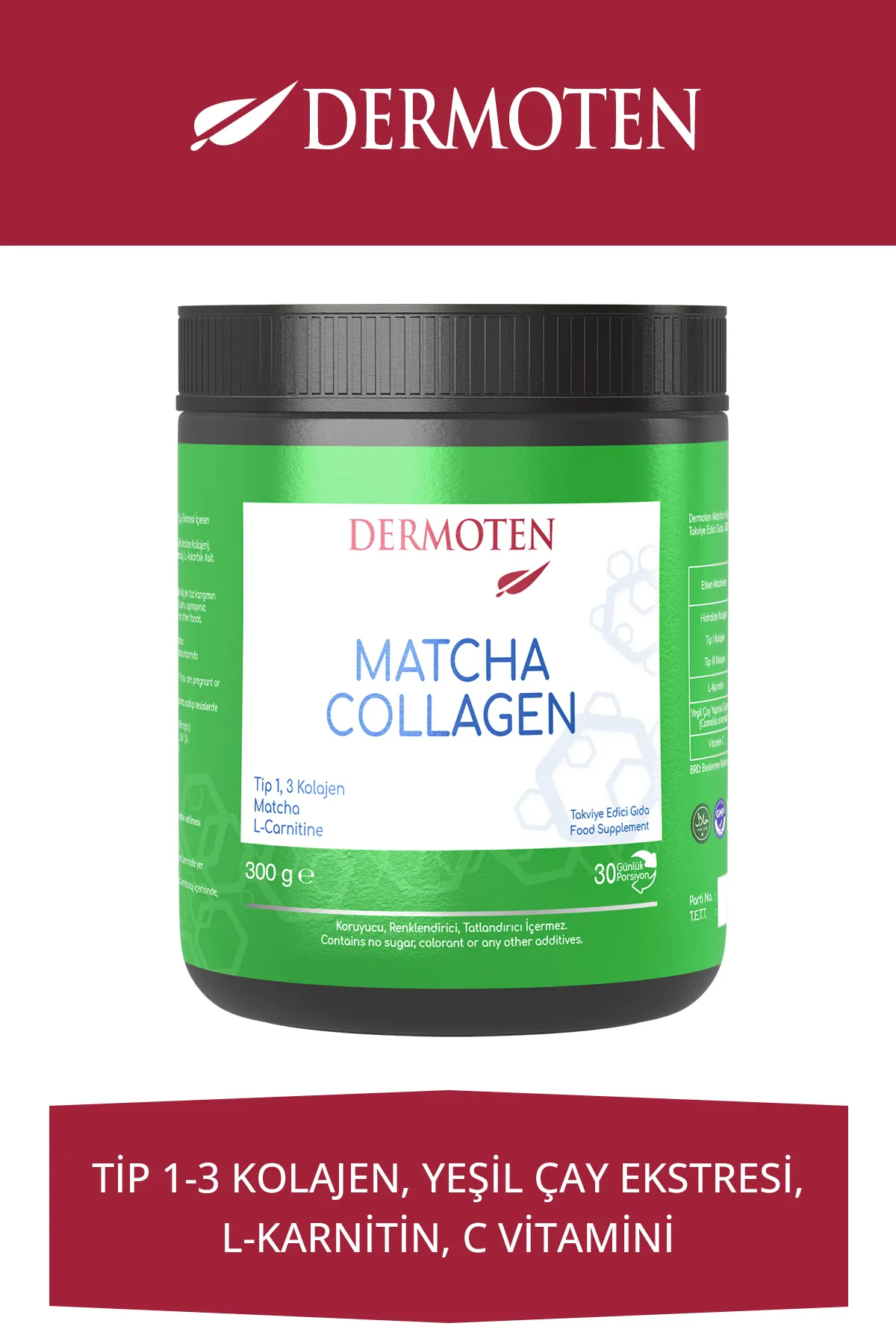 Dermoten, Matcha Collagen, Toz Kolajen - 300 Gr  (Tip 1, Tip 3, Matcha, L-Karnitin, 30 X 10.000 Mg)