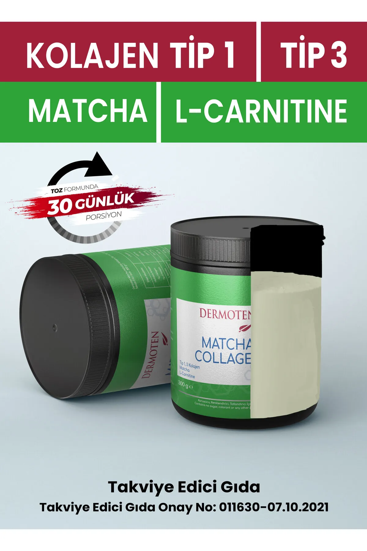 Dermoten, Matcha Collagen, Toz Kolajen - 300 Gr  (Tip 1, Tip 3, Matcha, L-Karnitin, 30 X 10.000 Mg)