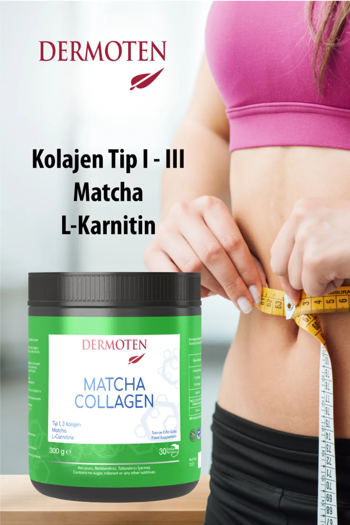 Dermoten, Matcha Collagen, Toz Kolajen - 300 Gr  (Tip 1, Tip 3, Matcha, L-Karnitin, 30 X 10.000 Mg)