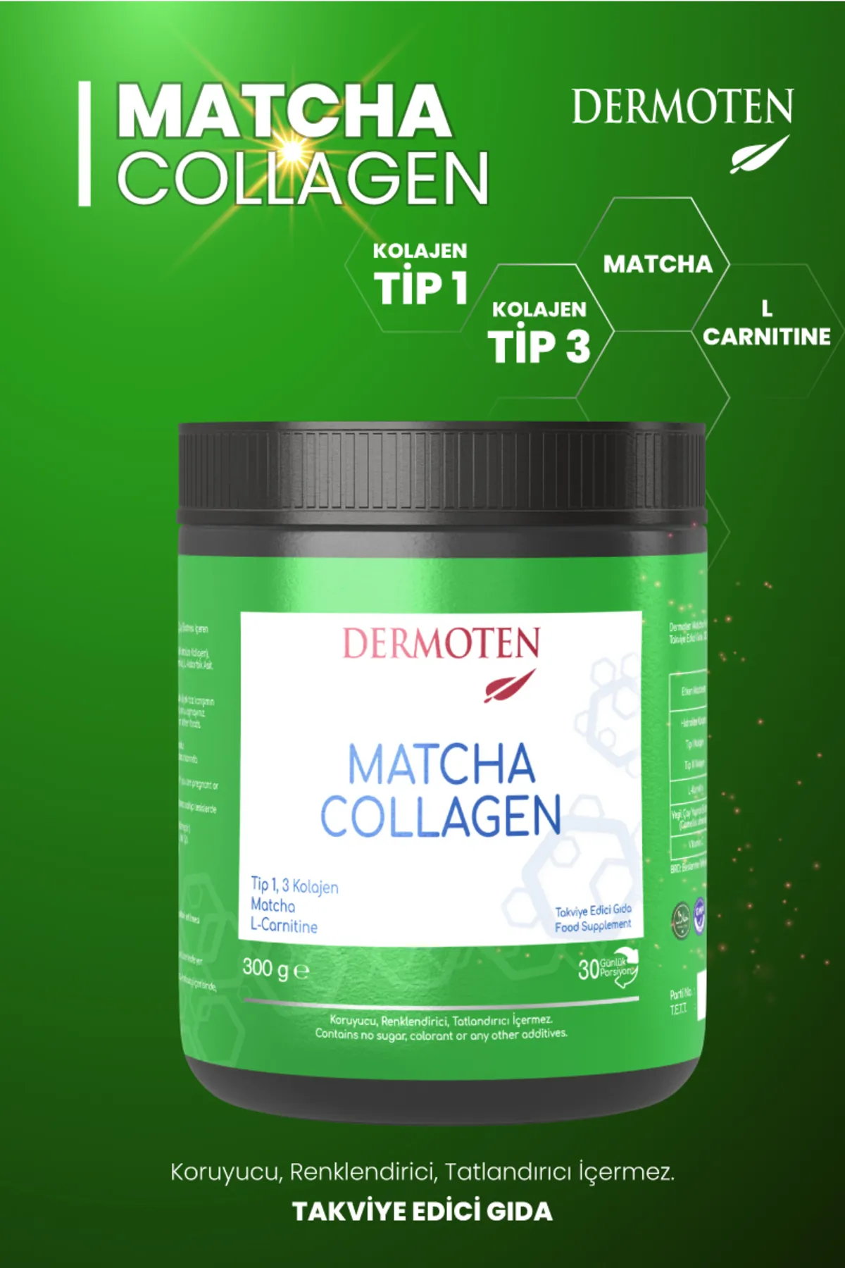 Dermoten, Matcha Collagen, Toz Kolajen - 300 Gr  (Tip 1, Tip 3, Matcha, L-Karnitin, 30 X 10.000 Mg)