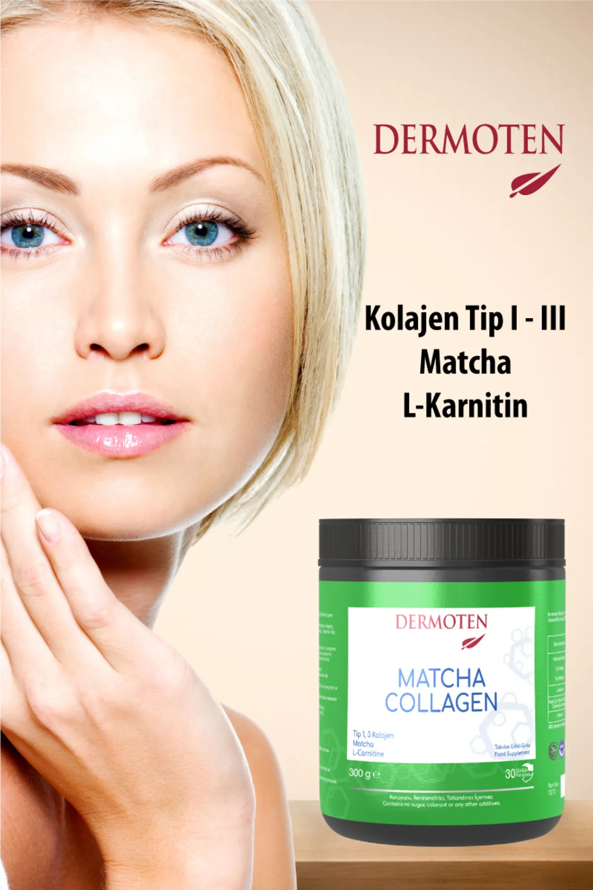 Dermoten, Matcha Collagen, Toz Kolajen - 300 Gr  (Tip 1, Tip 3, Matcha, L-Karnitin, 30 X 10.000 Mg)