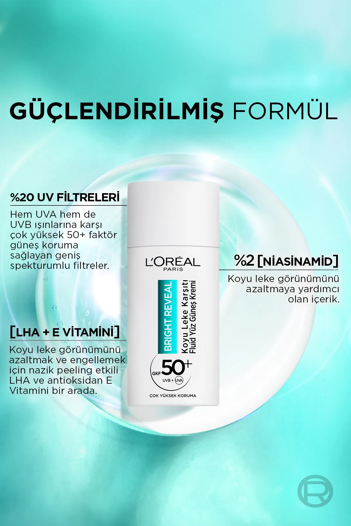 L’Oreal Paris, Bright Reveal Spf 50+, Koyu Leke Karşıtı Fluid, Günlük Yüz Güneş Kremi - 50ml