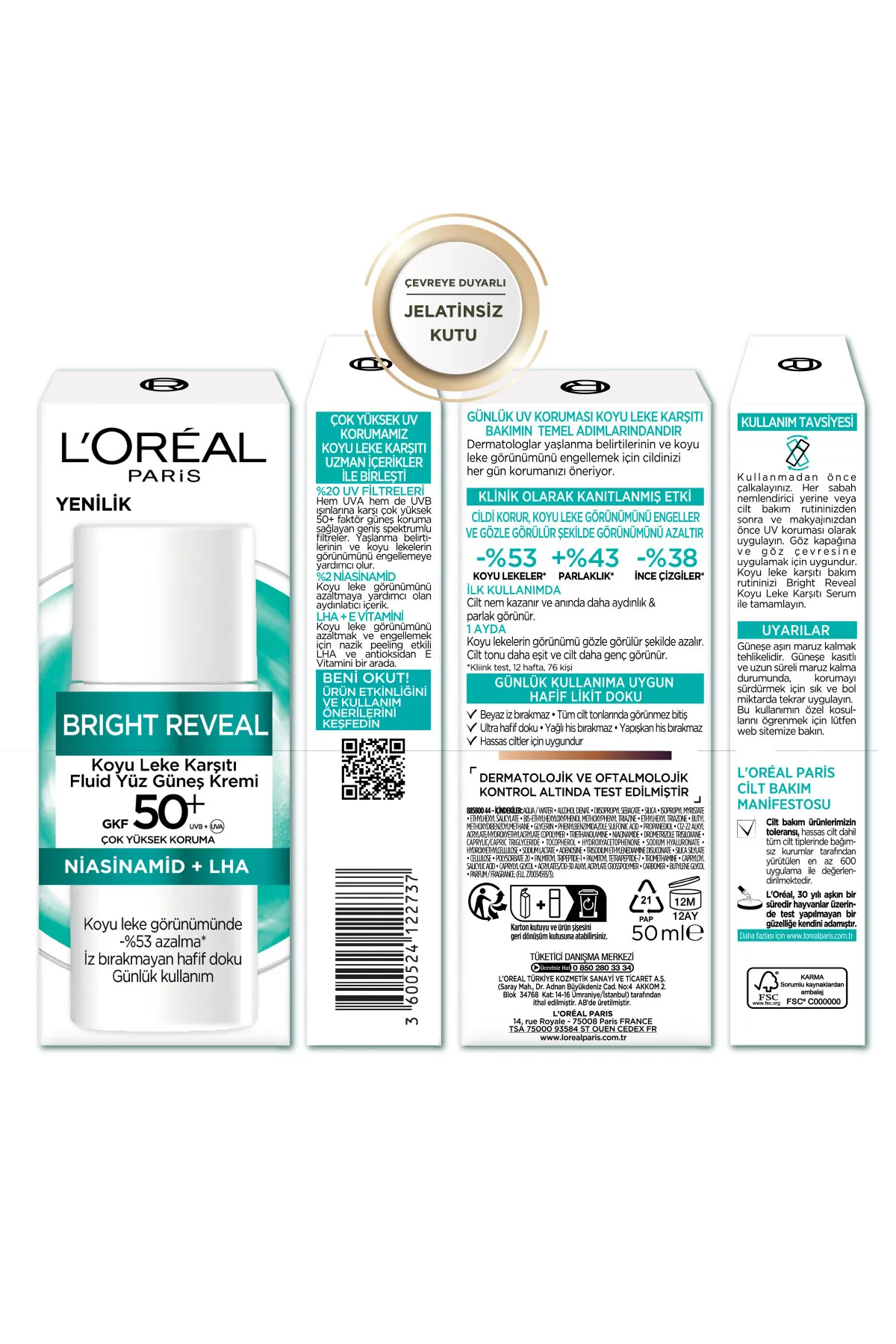 L’Oreal Paris, Bright Reveal Spf 50+, Koyu Leke Karşıtı Fluid, Günlük Yüz Güneş Kremi - 50ml