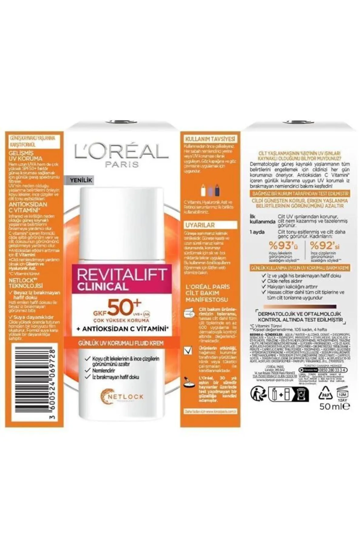 L’Oreal Paris, Revitalift Clinical SPF 50+, Günlük Yüksek UV Korumalı, Yüz Güneş Kremi - 50ml