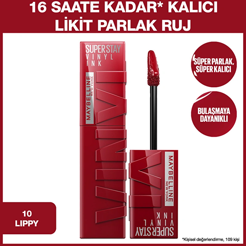 Maybelline New York, Super Stay Vinyl Ink, Likit Parlak Ruj - 10 Lippy