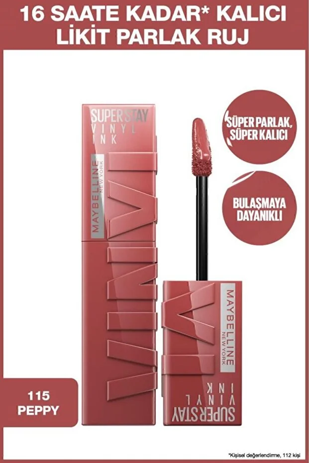 Maybelline New York, Super Stay Vinyl Ink, Likit Parlak Ruj - 115 Peppy