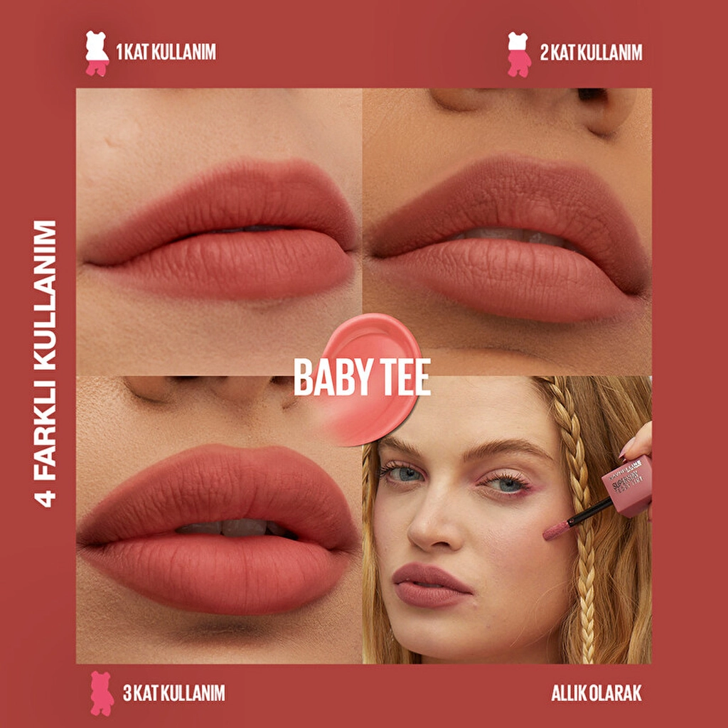 Maybelline, Super Stay, Teddy Tint, Uzun Süre Kalıcı, Likit Mat Tint - 25 Baby Tee