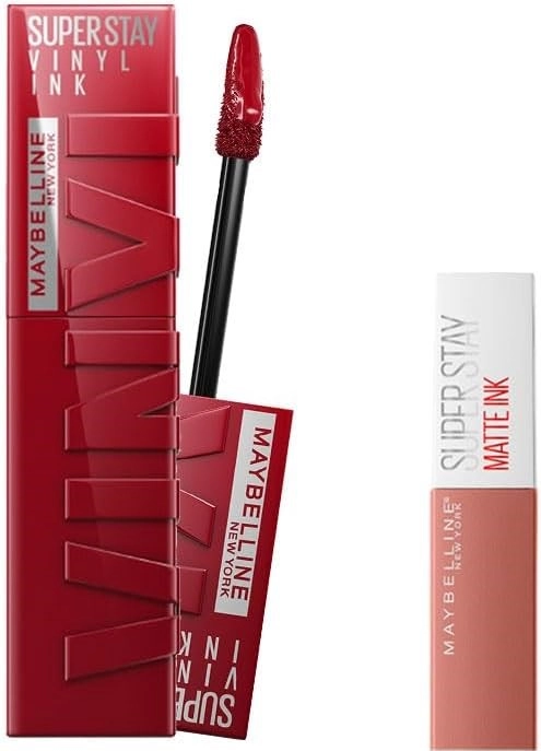 Maybelline New York, Super Stay Vinyl Ink, Uzun Süre Kalıcı, Likit Parlak Ruj 10 Lippy & Mini, Super Stay Matte Ink, Likit Mat Ruj 65 Seductress, Makyaj Seti