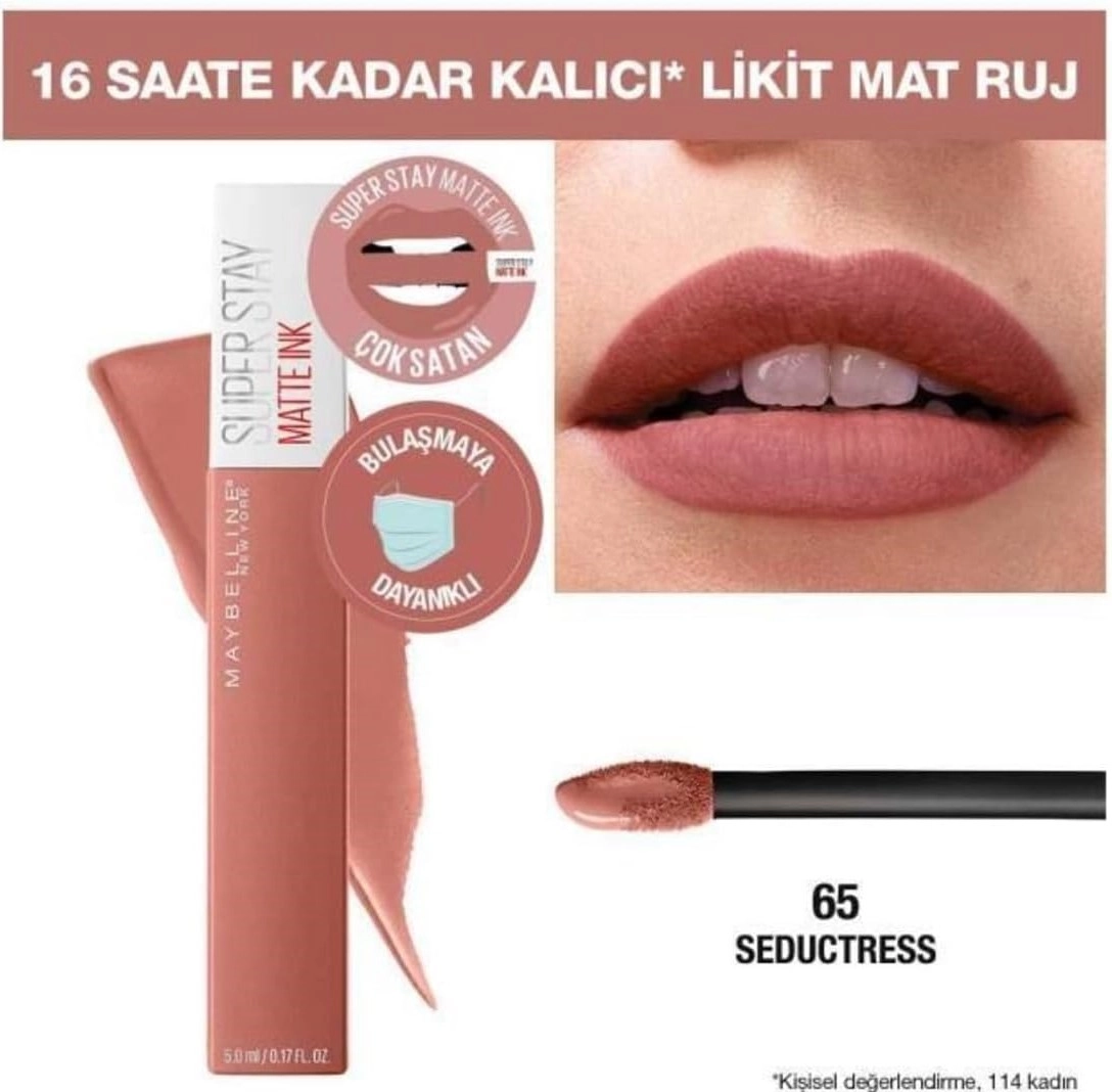 Maybelline New York, Super Stay Vinyl Ink, Uzun Süre Kalıcı, Likit Parlak Ruj 10 Lippy & Mini, Super Stay Matte Ink, Likit Mat Ruj 65 Seductress, Makyaj Seti