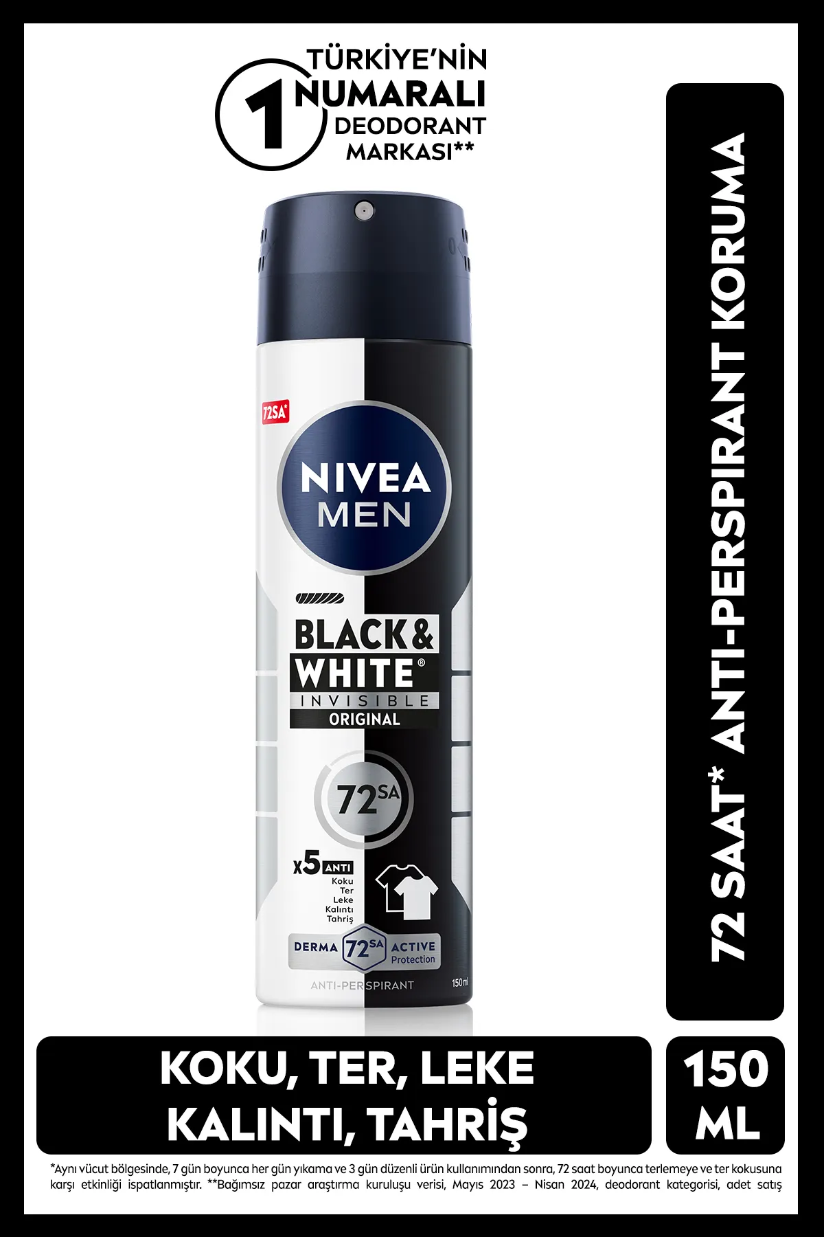 NIVEA MEN, Black & White, Original Sprey Deodorant, 150 ml
