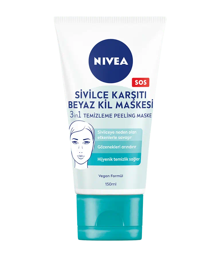 NIVEA, Sivilce Karşıtı 3’ü1 Arada Beyaz Kil Maskesi, Gözenek ve Siyah Nokta Arındırıcı, Tüm Cilt Tipleri - 150 ml
