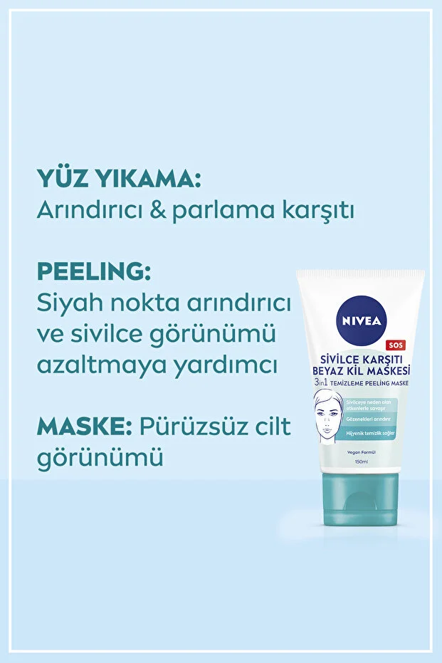 NIVEA, Sivilce Karşıtı 3’ü1 Arada Beyaz Kil Maskesi, Gözenek ve Siyah Nokta Arındırıcı, Tüm Cilt Tipleri - 150 ml
