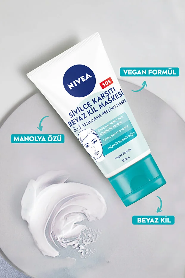 NIVEA, Sivilce Karşıtı 3’ü1 Arada Beyaz Kil Maskesi, Gözenek ve Siyah Nokta Arındırıcı, Tüm Cilt Tipleri - 150 ml