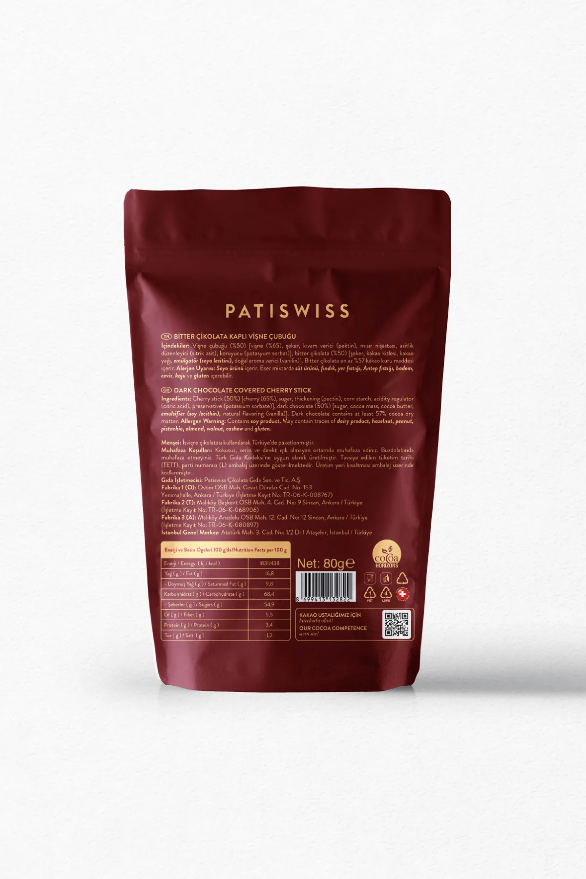 Patiswiss Bitter Çikolatalı Vişne Çubukları 80g