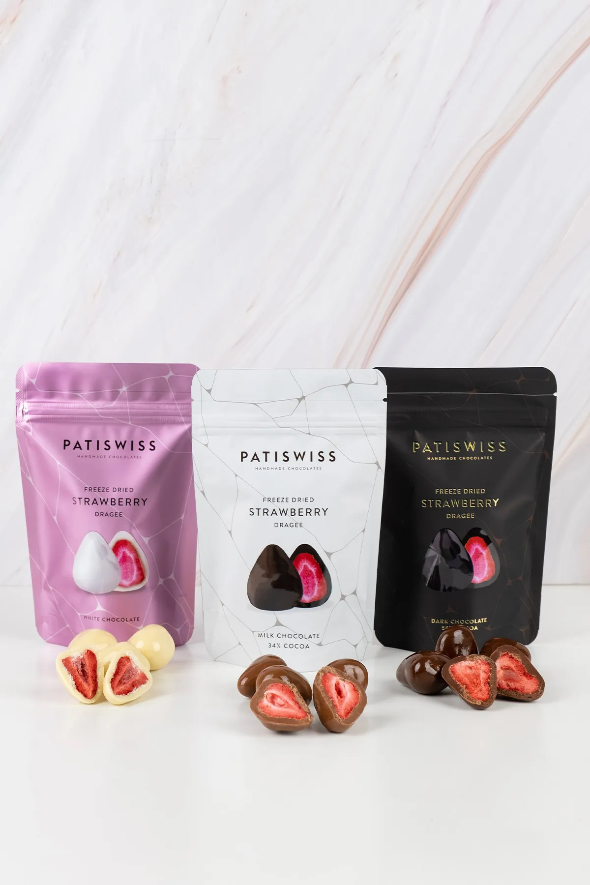 Patiswiss Sütlü, Bitter Ve Beyaz Çikolata Kaplı Çilek Draje Seti 80g X 3 Adet