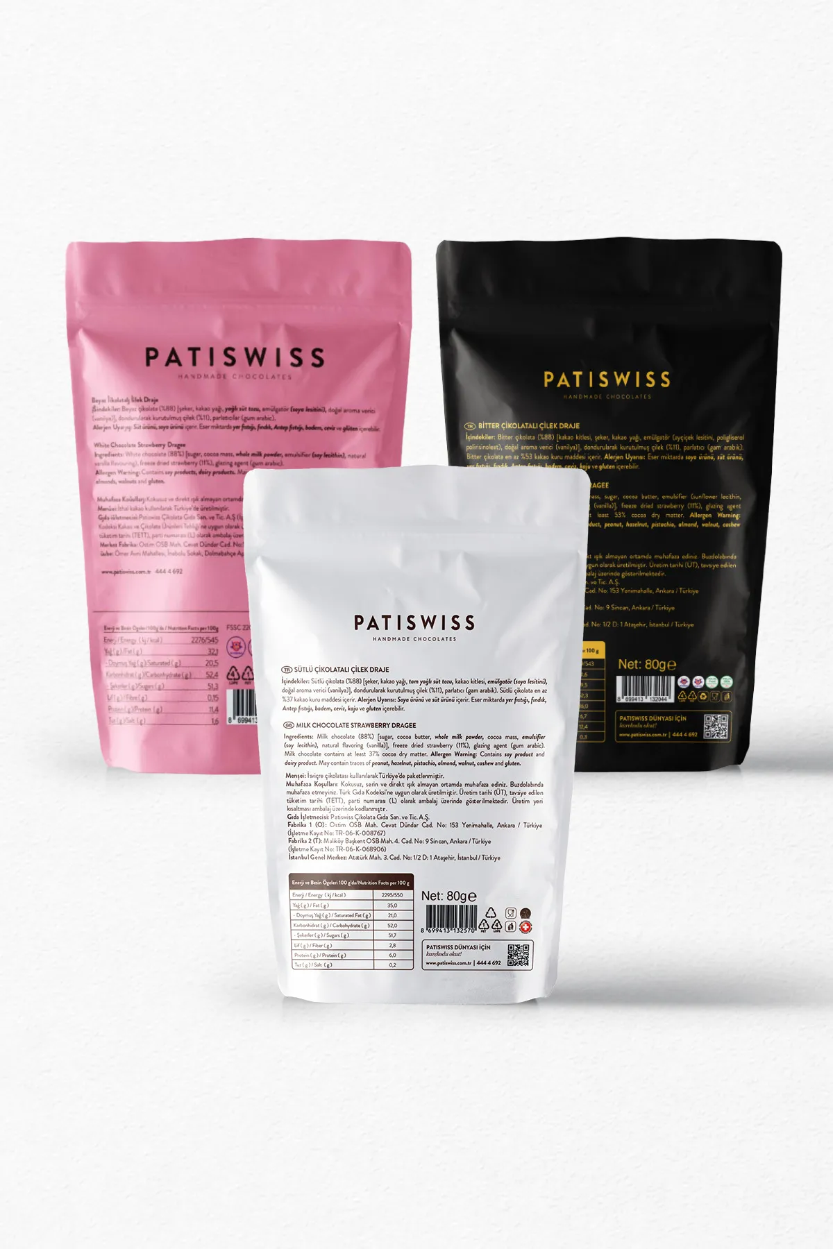 Patiswiss Sütlü, Bitter Ve Beyaz Çikolata Kaplı Çilek Draje Seti 80g X 3 Adet