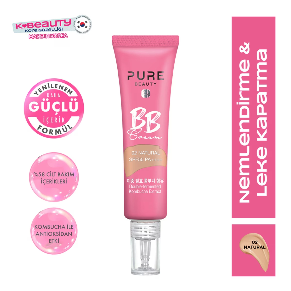Pure Beauty, BB Krem, SPF50, PA++++, Natural - 30 ml (Yeni Ürün 4+)