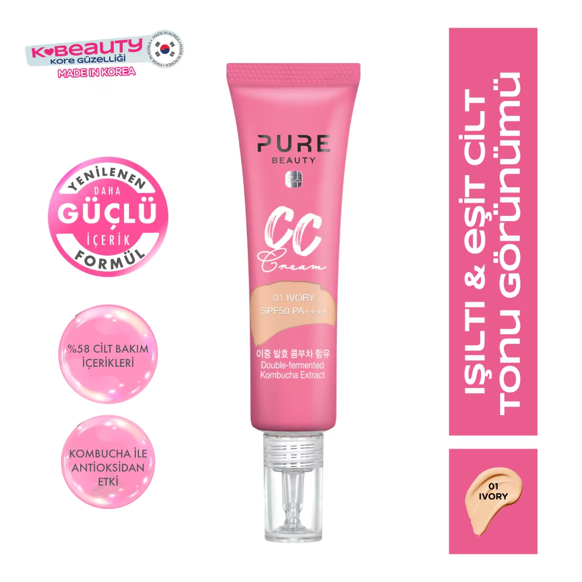 Pure Beauty, CC Krem, SPF50, PA++++, Ivory - 30 ml (Yeni Ürün 4+)