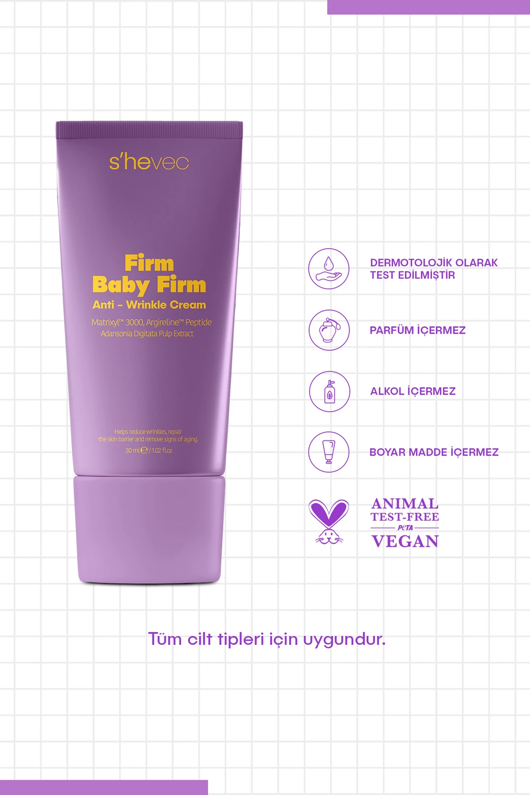 She Vec, FIRM BABY FIRM, Yaşlanma ve Kırışıklık Karşıtı, Onarıcı Bakım Kremi, Peptit Kompleksi - 30 ml