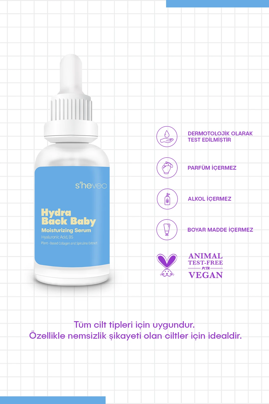She Vec, Hydra Back Baby,  Hyaluronik Asit, Yoğun Nemlendirici ve Dolgunlaştırıcı, Cilt Serumu - 30ml