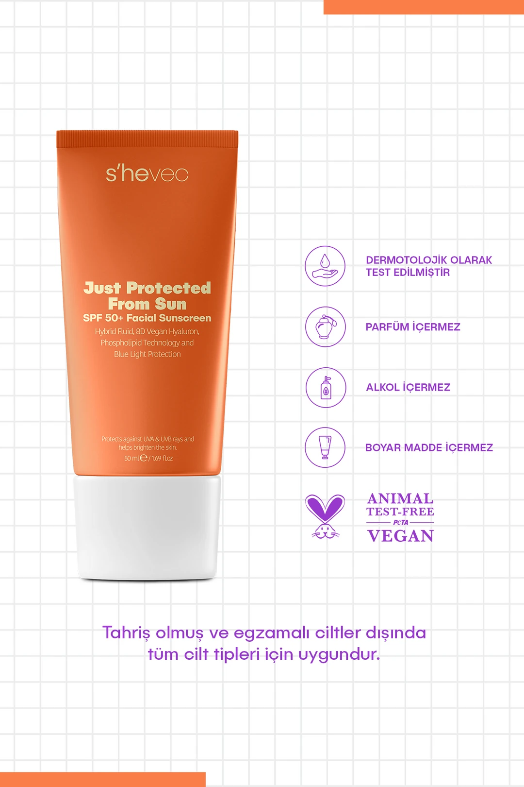She Vec, JUST PROTECTED FROM SUN - SPF50+ Leke Karşıtı, Yüksek Korumalı Güneş Kremi, Tüm Cilt Tipleri - 50 ml