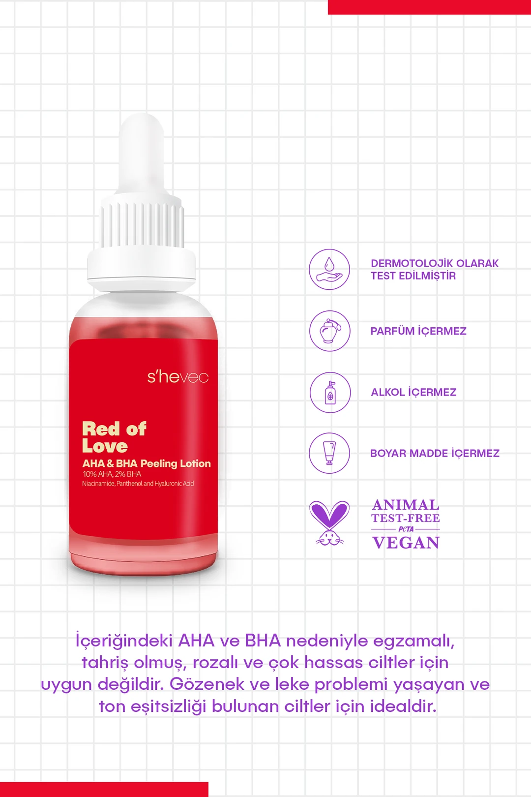 She Vec, Red Of Love, Cilt Tonu Eşitleyici, Canlandırıcı, Kırmızı Peeling, Serum - 30 ml