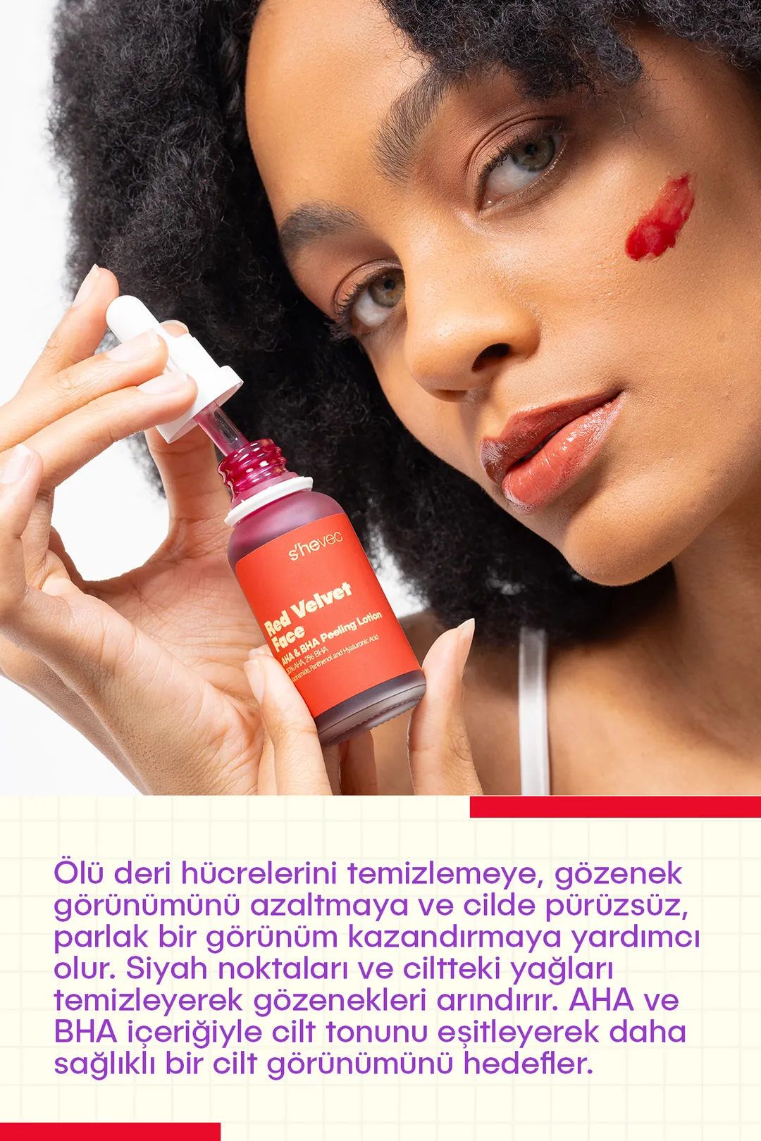 She Vec, Red Velvet Face, AHA %30 & BHA %2, Cilt Tonu Eşitleyici, Arındırıcı, Kırmızı Peeling, Serum - 30 ml