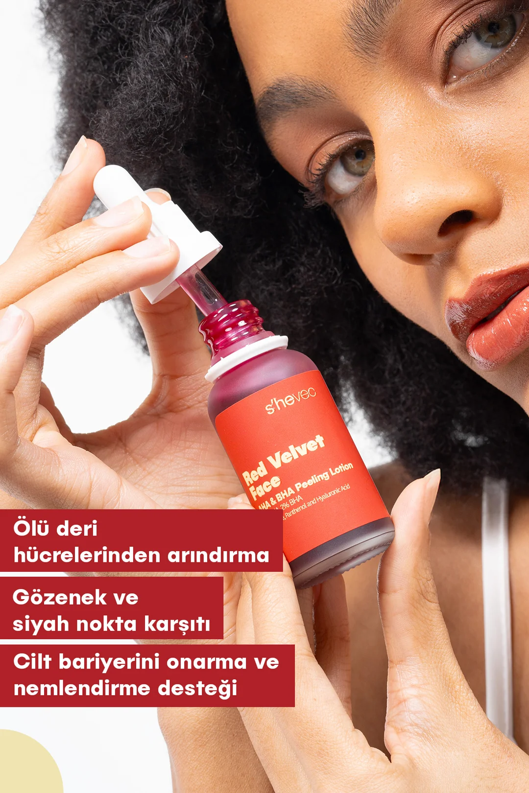 She Vec, Red Velvet Face, AHA %30 & BHA %2, Cilt Tonu Eşitleyici, Arındırıcı, Kırmızı Peeling, Serum - 30 ml