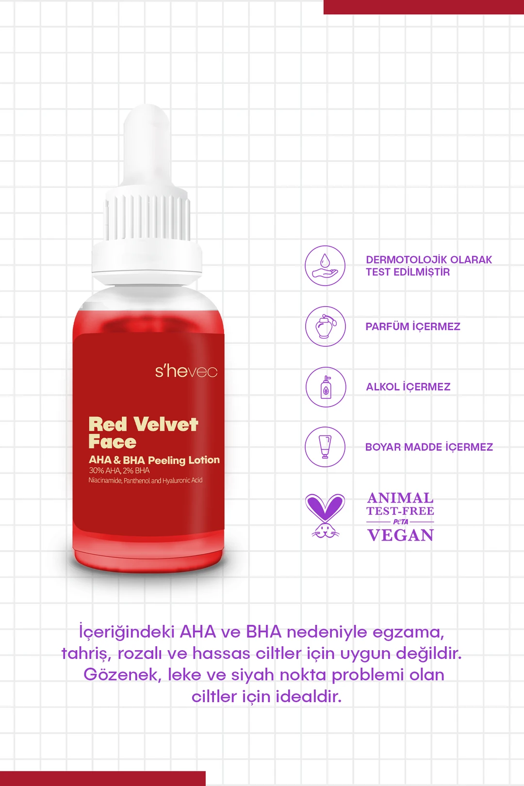She Vec, Red Velvet Face, AHA %30 & BHA %2, Cilt Tonu Eşitleyici, Arındırıcı, Kırmızı Peeling, Serum - 30 ml