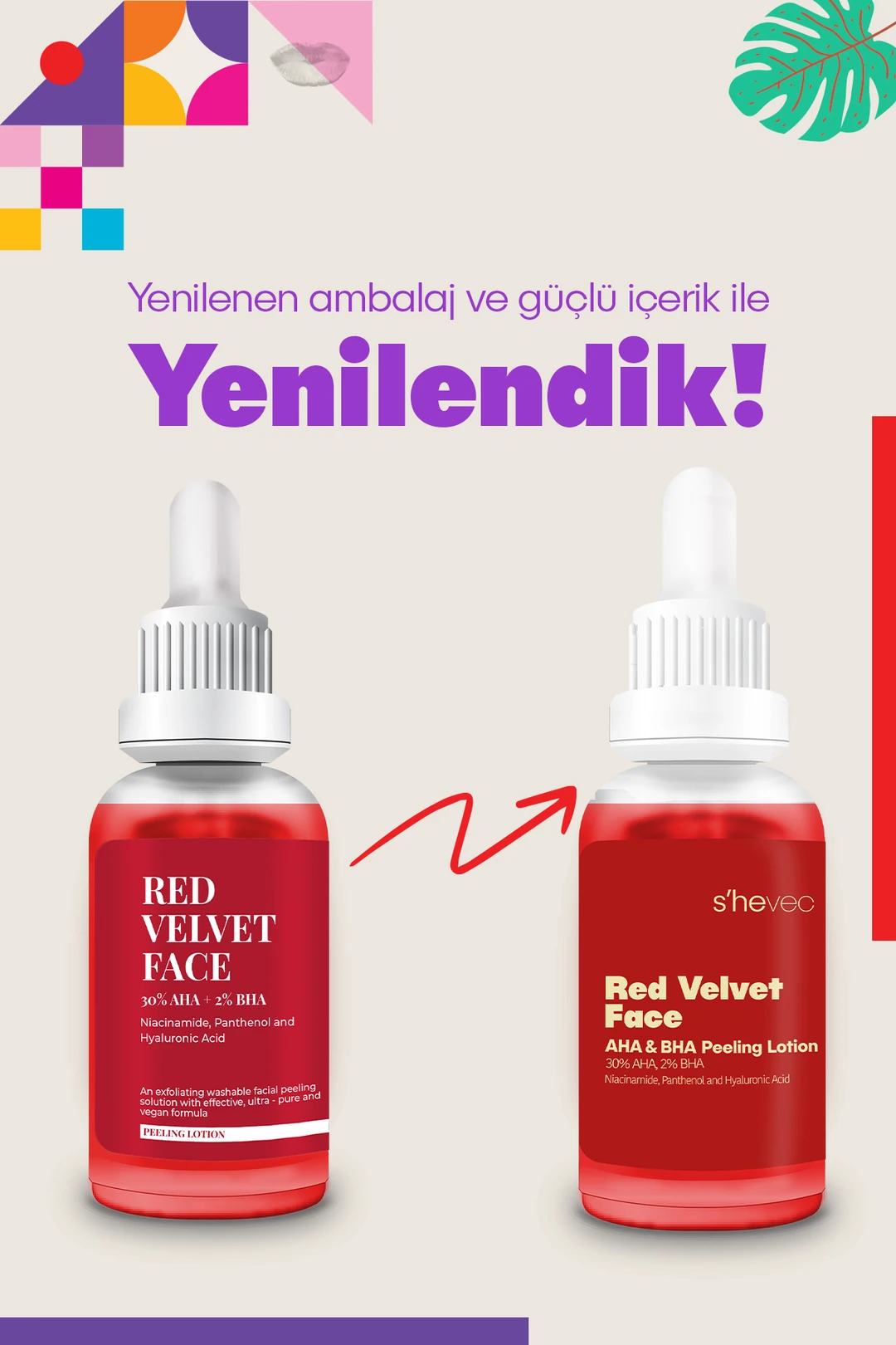 She Vec, Red Velvet Face, AHA %30 & BHA %2, Cilt Tonu Eşitleyici, Arındırıcı, Kırmızı Peeling, Serum - 30 ml