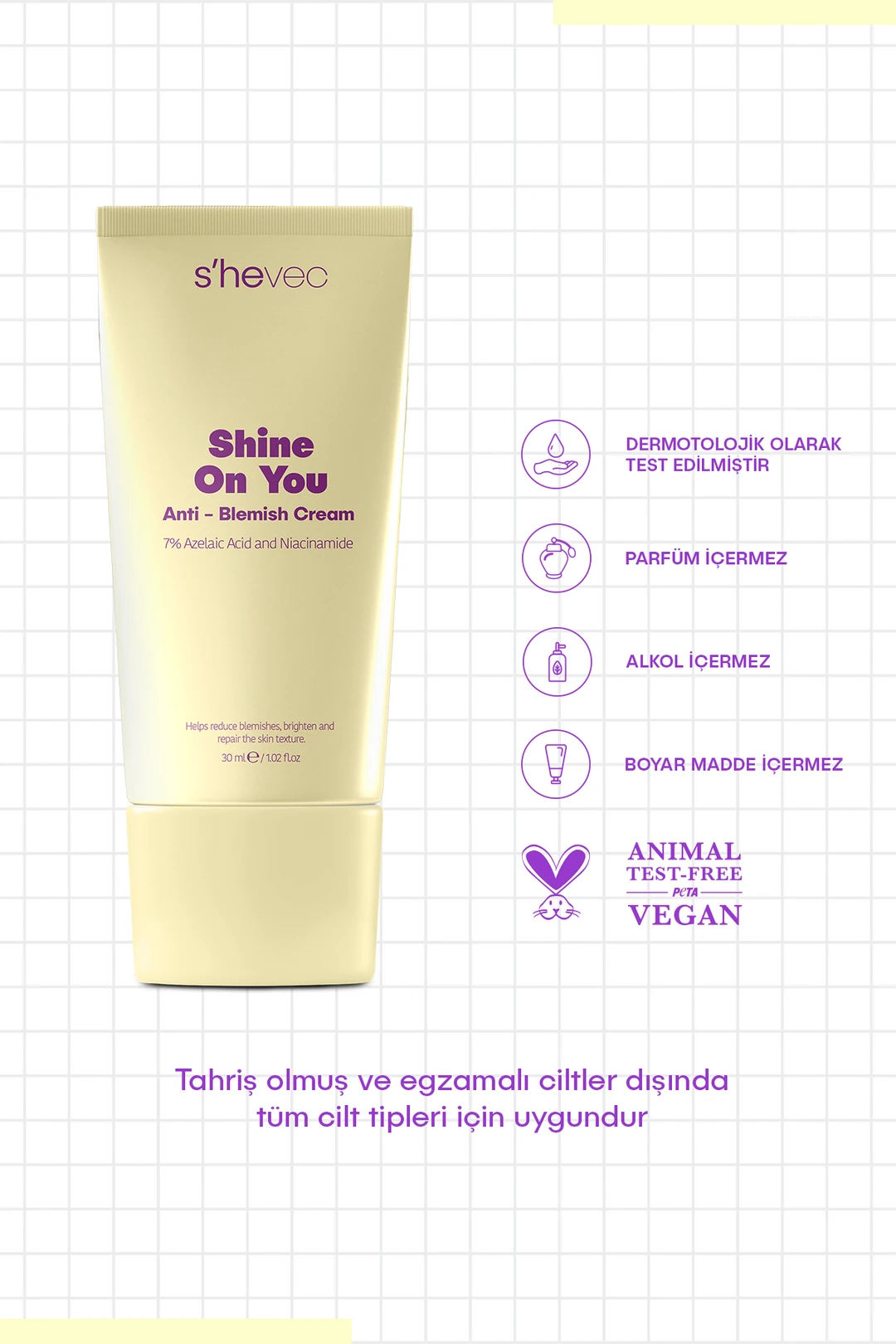 She Vec, SHINE ON YOU, Azelaik Asit, Hassas Ciltler İçin, Akne ve Leke Karşıtı, Bariyer Koruyucu Krem - 30 ml
