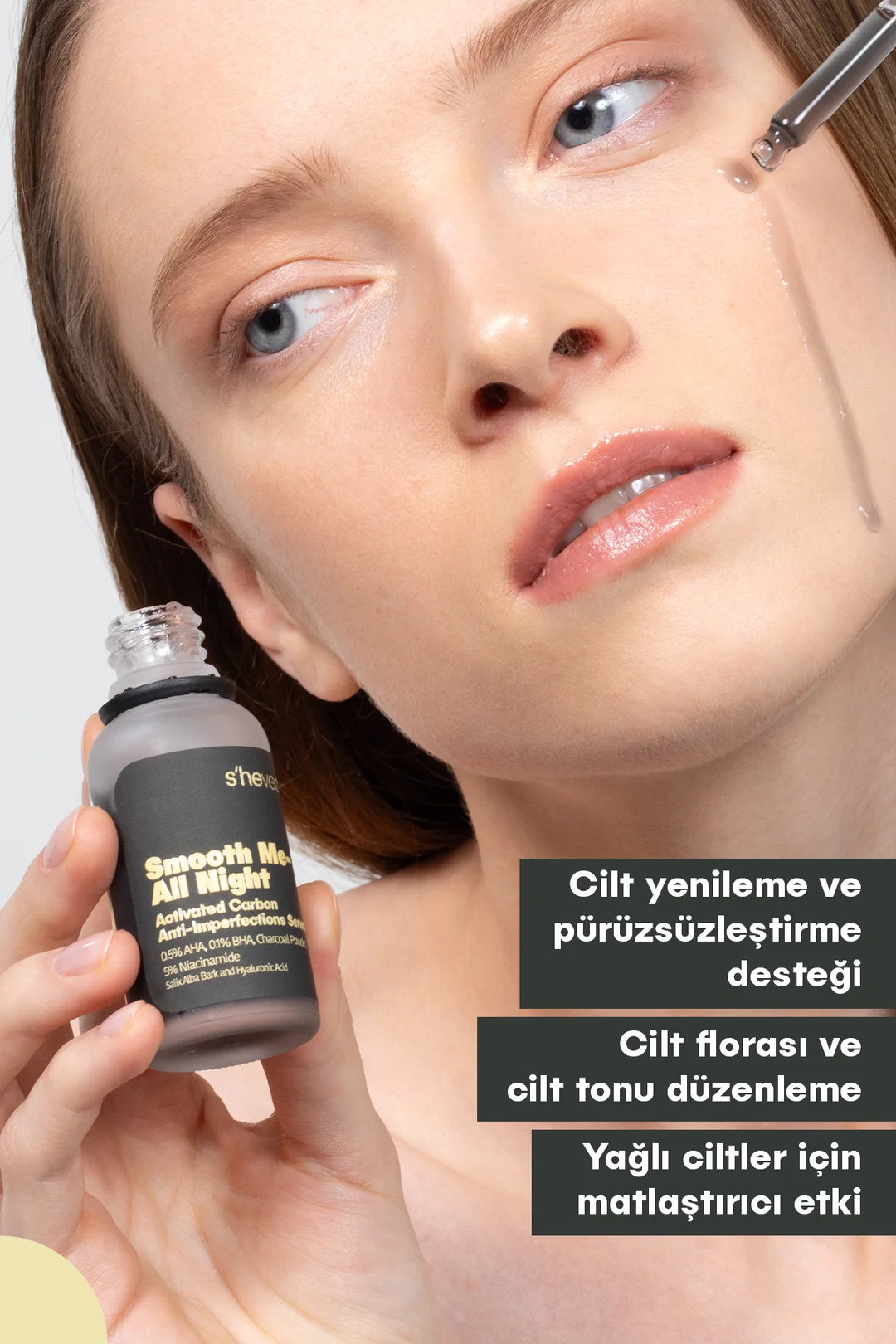 She Vec, Smooth Me - All Night, Aktif Kömür İçeren, Matlaştırıcı ve Cilt Kusur Görünümünü Azaltıcı, Siyah Serum - 30 ml