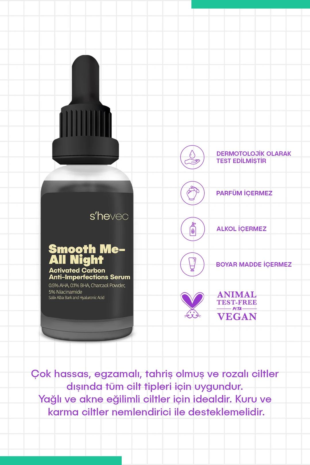 She Vec, Smooth Me - All Night, Aktif Kömür İçeren, Matlaştırıcı ve Cilt Kusur Görünümünü Azaltıcı, Siyah Serum - 30 ml