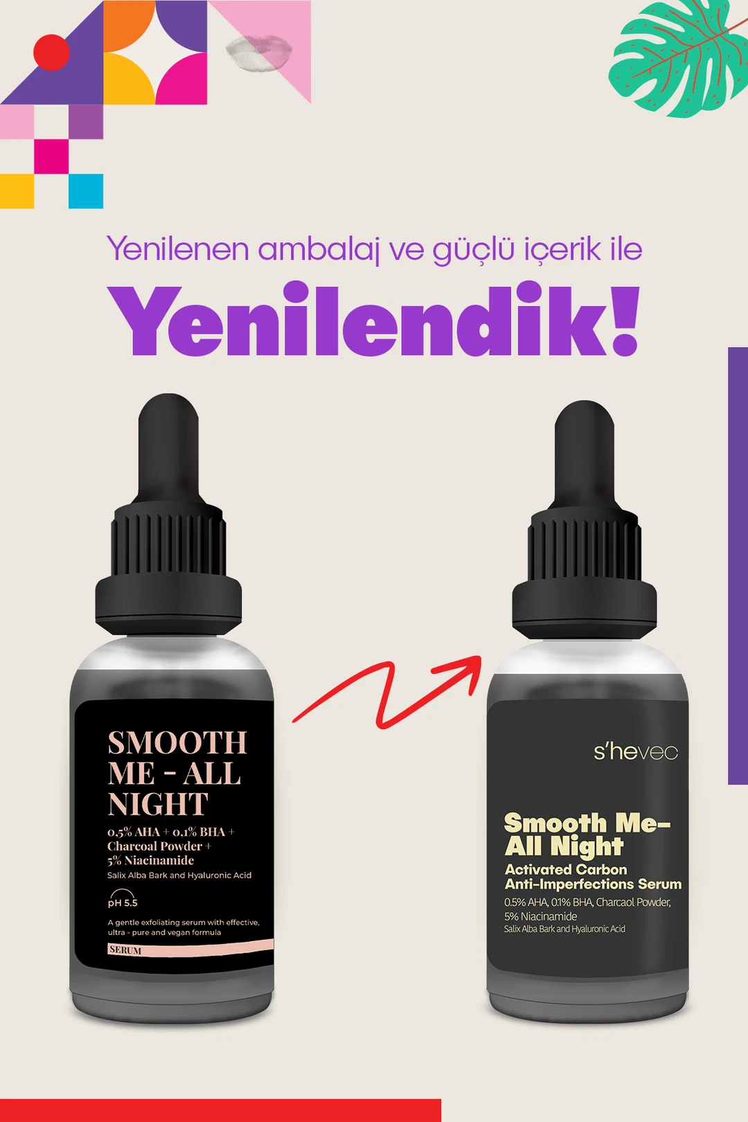 She Vec, Smooth Me - All Night, Aktif Kömür İçeren, Matlaştırıcı ve Cilt Kusur Görünümünü Azaltıcı, Siyah Serum - 30 ml