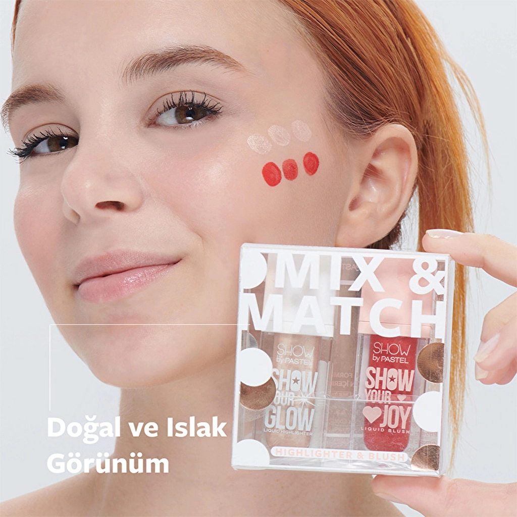 Show by Pastel, Mix & Match, Glow Liquid Highlighter, 72 & Joy Liquid Blush 57