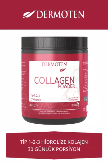 Dermoten, Kolajen Plus Powder, Toz Kolajen - 300 Gr  (Tip 1 - Tip 2 - Tip 3 - C Vitaminli, 30 X 10.000 Mg)