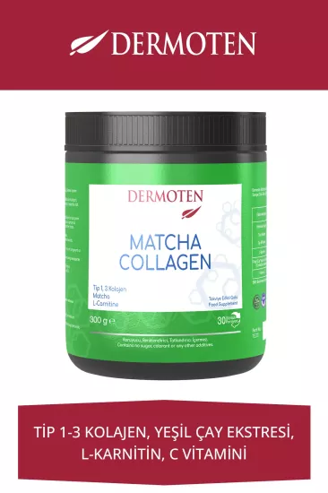 Dermoten, Matcha Collagen, Toz Kolajen - 300 Gr  (Tip 1, Tip 3, Matcha, L-Karnitin, 30 X 10.000 Mg)