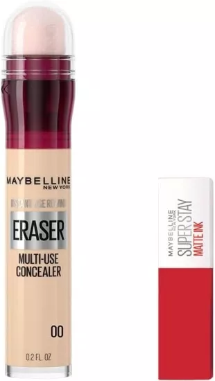 Maybelline New York, Instant Anti Age Eraser Kapatıcı, 00 Ivory & Mini, Super Stay Matte Ink Likit Mat Ruj, 20 Pioneer, Makyaj Seti