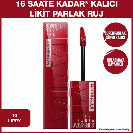 Maybelline New York, Super Stay Vinyl Ink, Likit Parlak Ruj - 10 Lippy