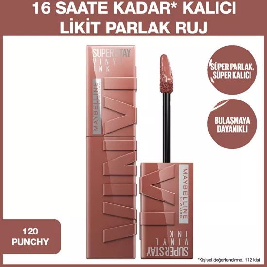 Maybelline New York, Super Stay Vinyl Ink, Likit Parlak Ruj - 120 Punchy