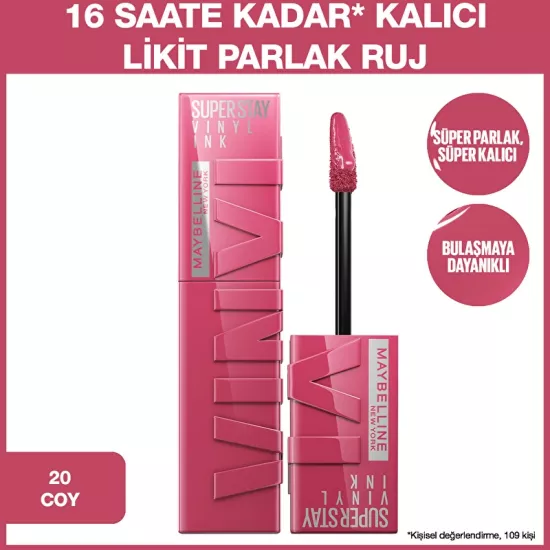 Maybelline New York, Super Stay Vinyl Ink, Likit Parlak Ruj - 20 Coy