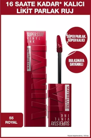 Maybelline New York, Super Stay Vinyl Ink, Likit Parlak Ruj - 55 Royal  