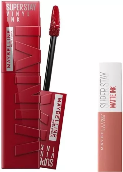 Maybelline New York, Super Stay Vinyl Ink, Uzun Süre Kalıcı, Likit Parlak Ruj 10 Lippy & Mini, Super Stay Matte Ink, Likit Mat Ruj 65 Seductress, Makyaj Seti